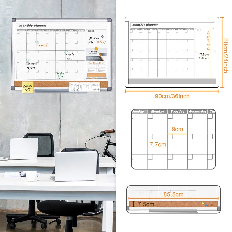MAKELLO Dry Erase Calendar for Wall 36" x 24", Large Calendar Whiteboard with Cork Board for Office, Home, School, Family, Kitchen and Bedroom, 3' x 2' - Image 2